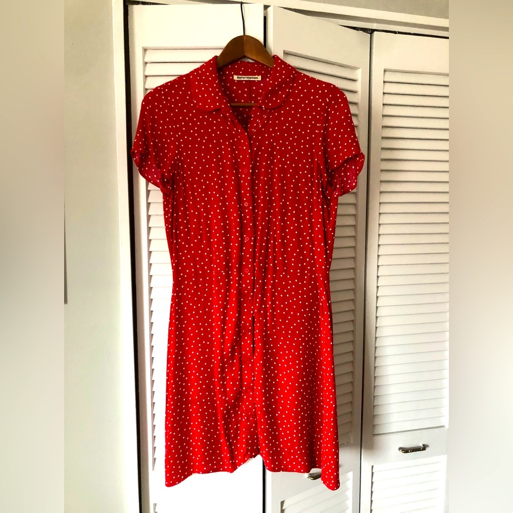 Reformation short red button down dress